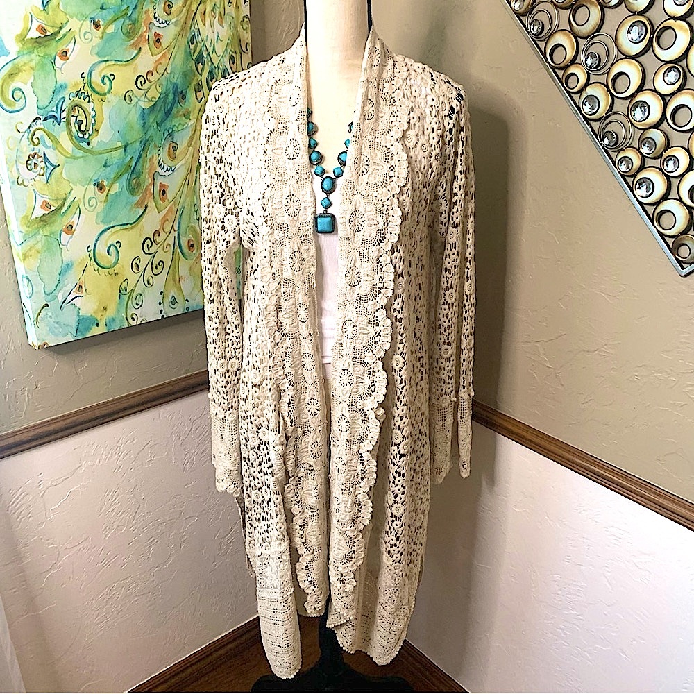 Johnny Was Midi All Over Lace Crochet Kimono Duster Cardigan w/Pockets EUC Sz M